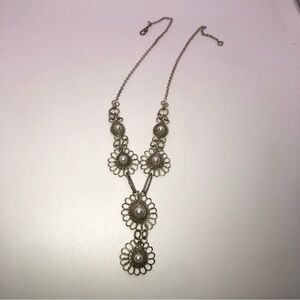 Vtg Wire Wrapped Faux Pearl Floral Flower Necklace 17” + 1.5” Drop